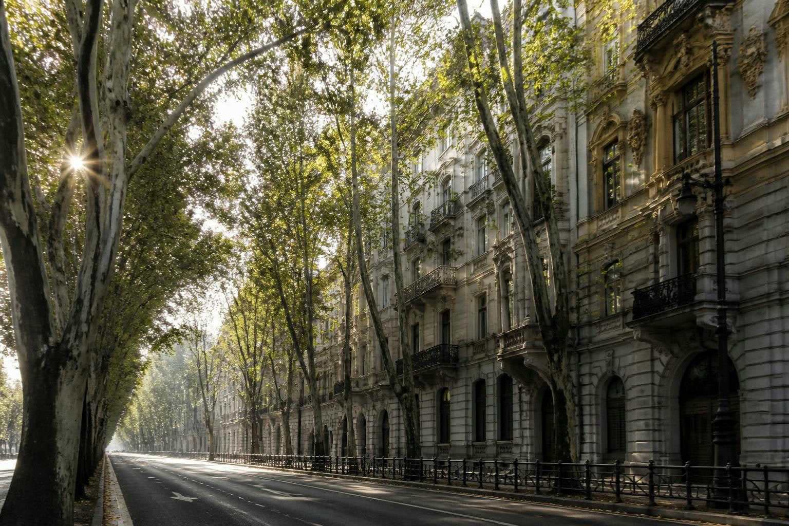 Az Andrássy út platánfasora és bérházai, délelőtt