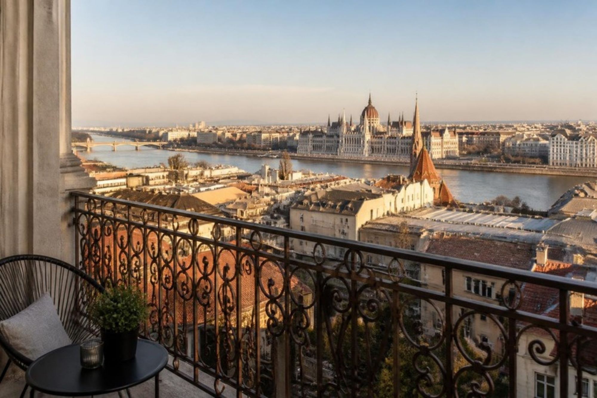 Budapesti panoráma egy erkélyről, a Parlamenttel és a Dunával, nappal