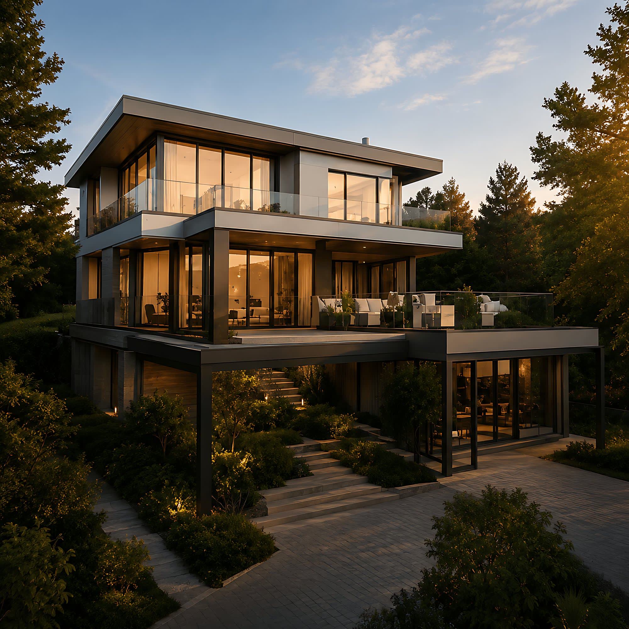 Modern, teraszos villa fák között, budai domboldalon