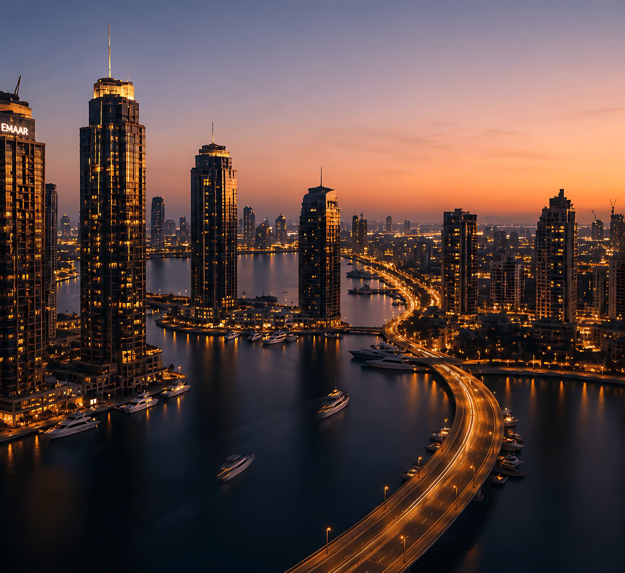 A Dubai Marina toronyházai és kikötője esti fényben