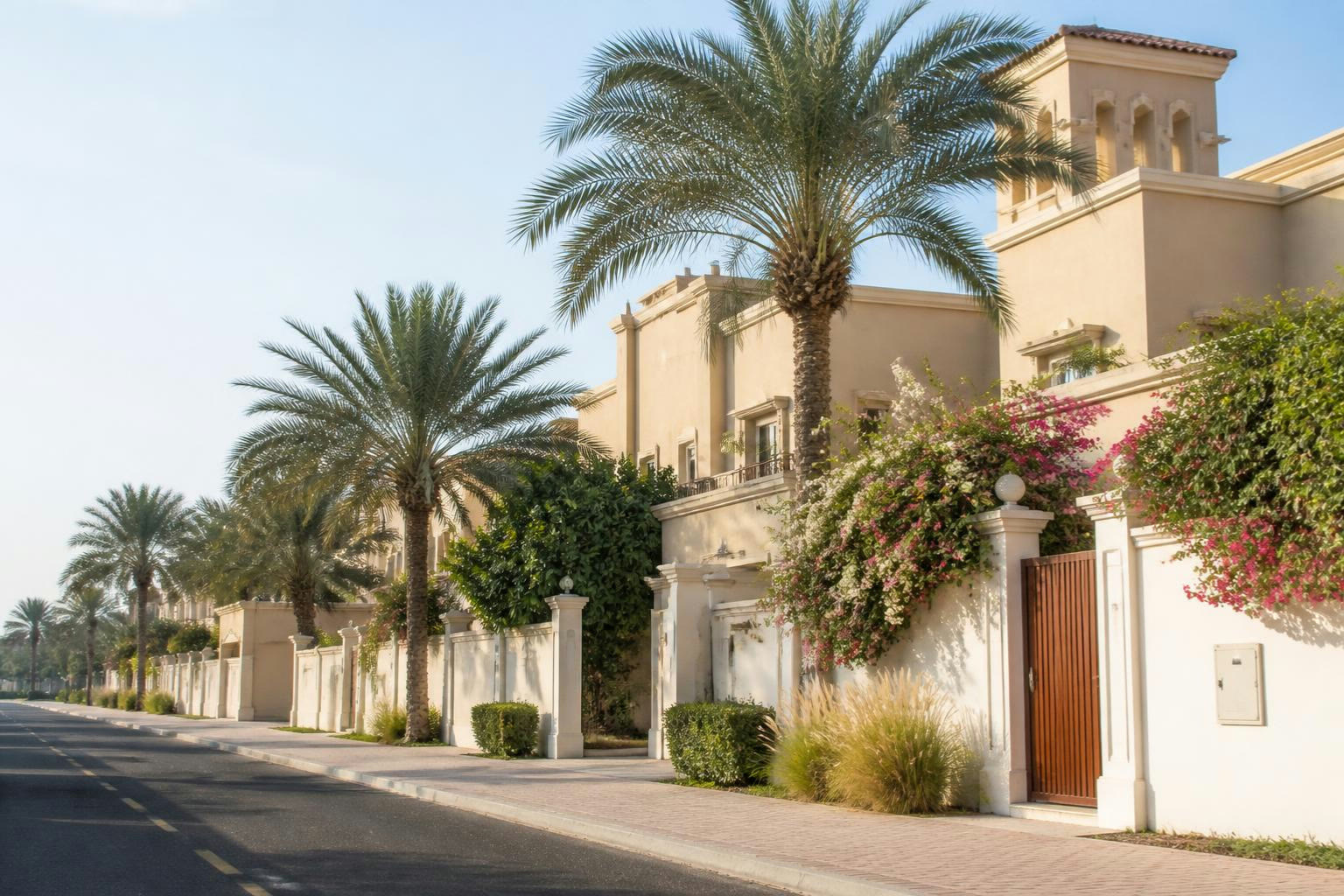 Villás lakóutca pálmafákkal Jumeirah-ban
