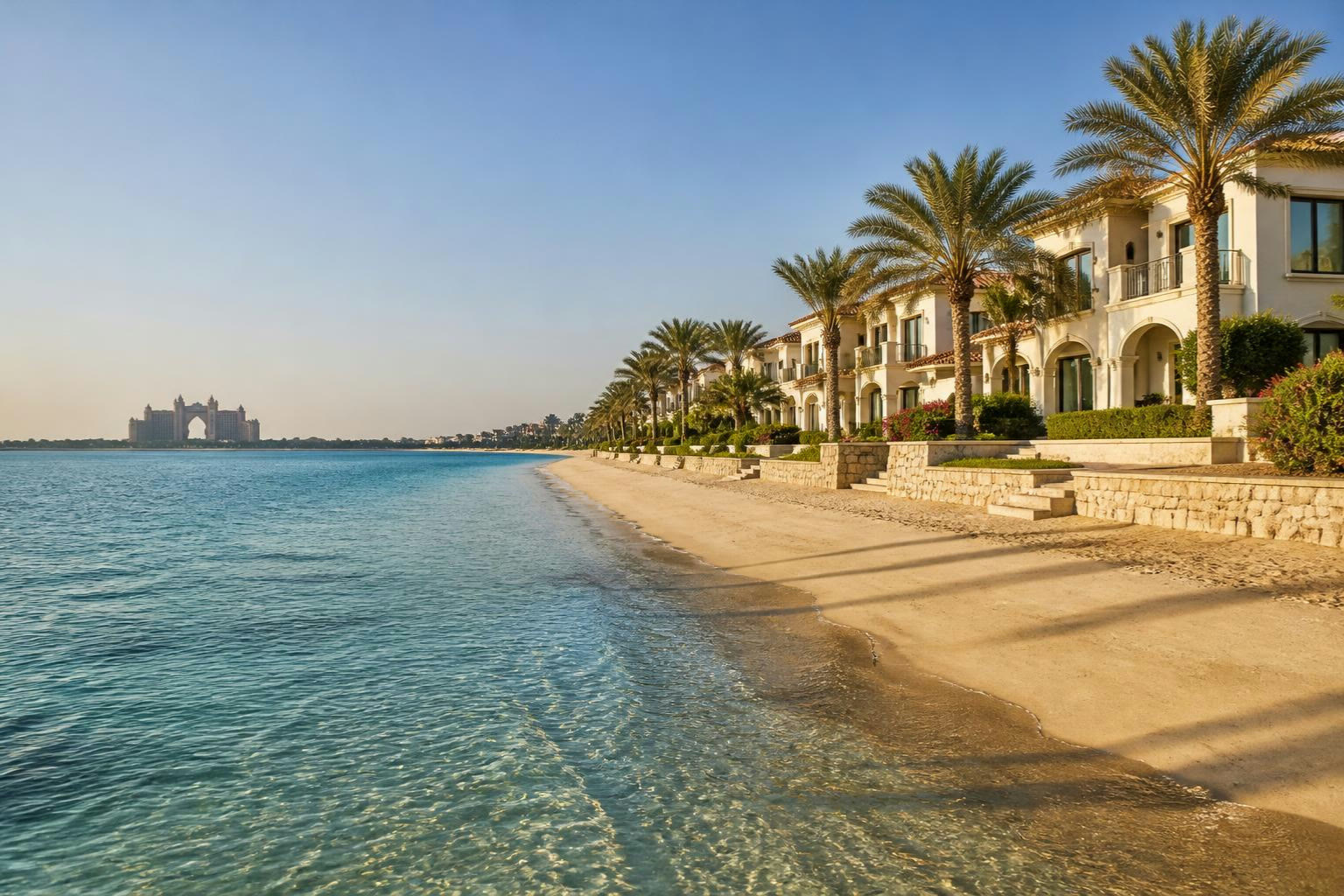 Villasor és homokos part a Palm Jumeirah egyik ágán