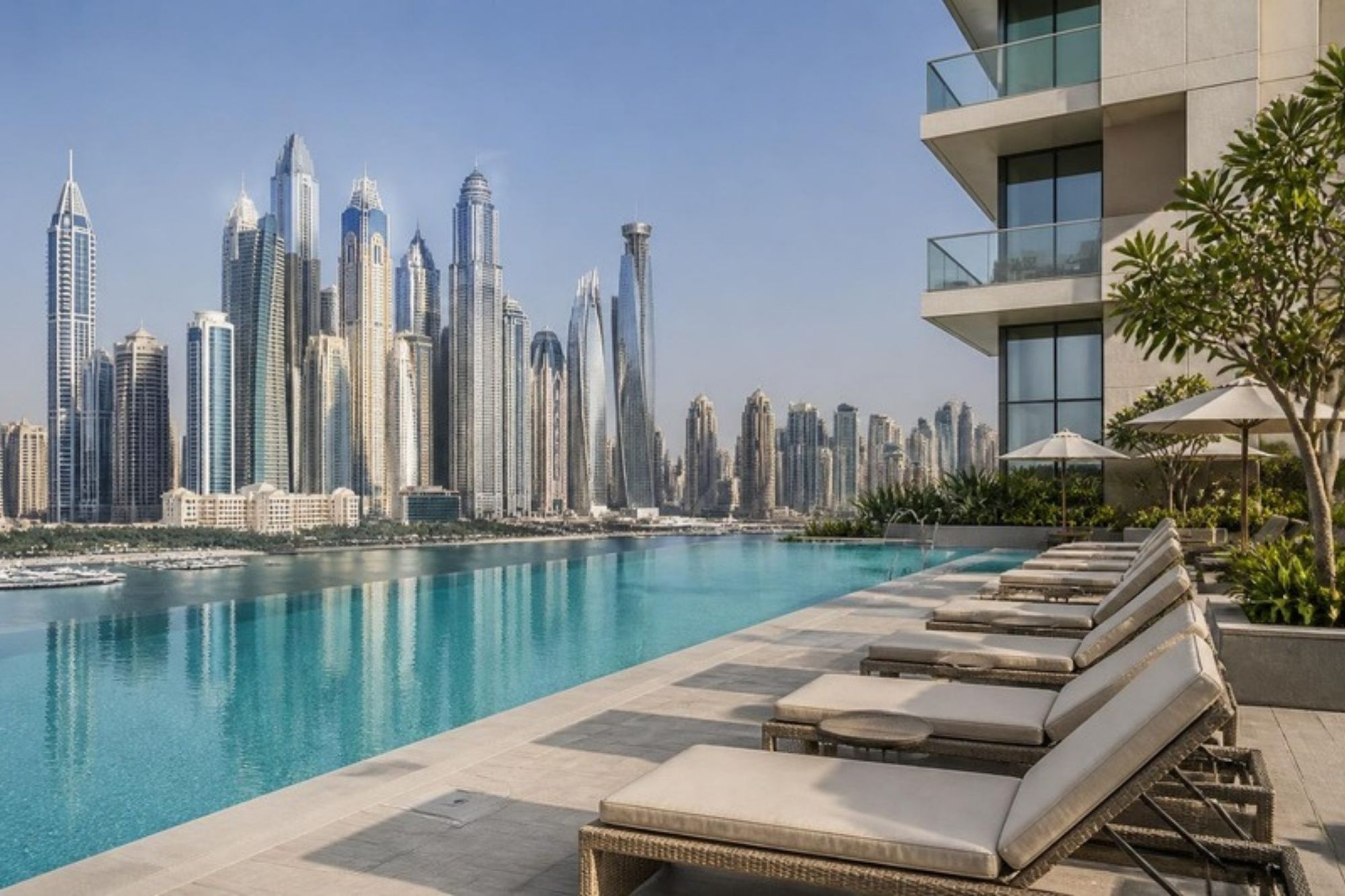 Közös medence napozóágyakkal egy dubaji lakóépületben