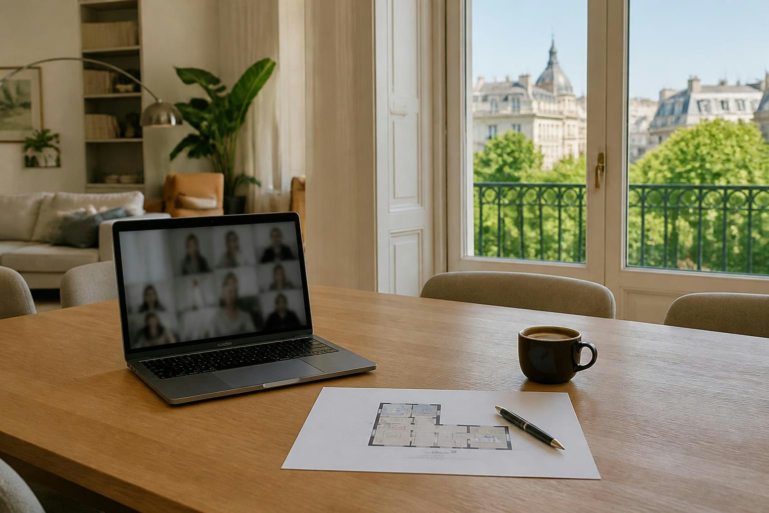 Laptop videóhívással és alaprajzzal egy világos budapesti lakás asztalán