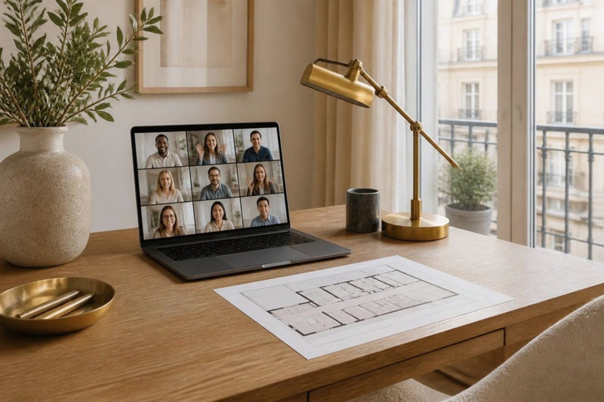 Videóhívás laptopon, az asztalon nyomtatott alaprajz és jegyzetek